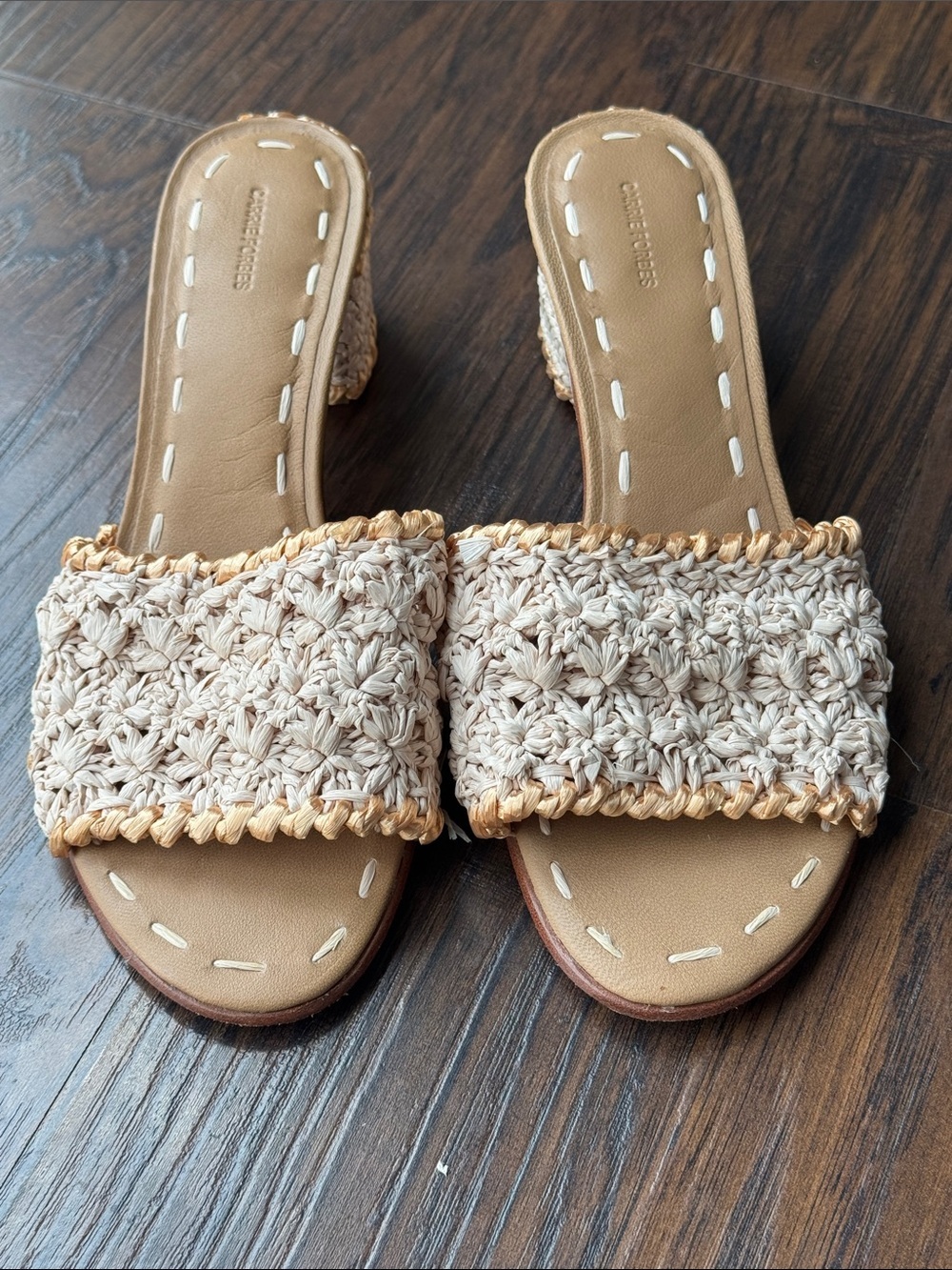 Carrie Forbes Crochet Woven Slide Block Heel  in Beige with Tan Trim
